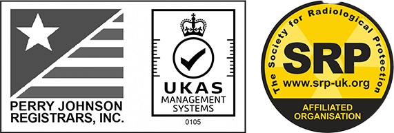 A logo on the left showing proof of certification from Perry Johnson Registrars, Inc. for ISO/IEC 27001:2022. On the right, the logo from the Society for Radiological Protection showing Versant Physics is an affiliated organization.