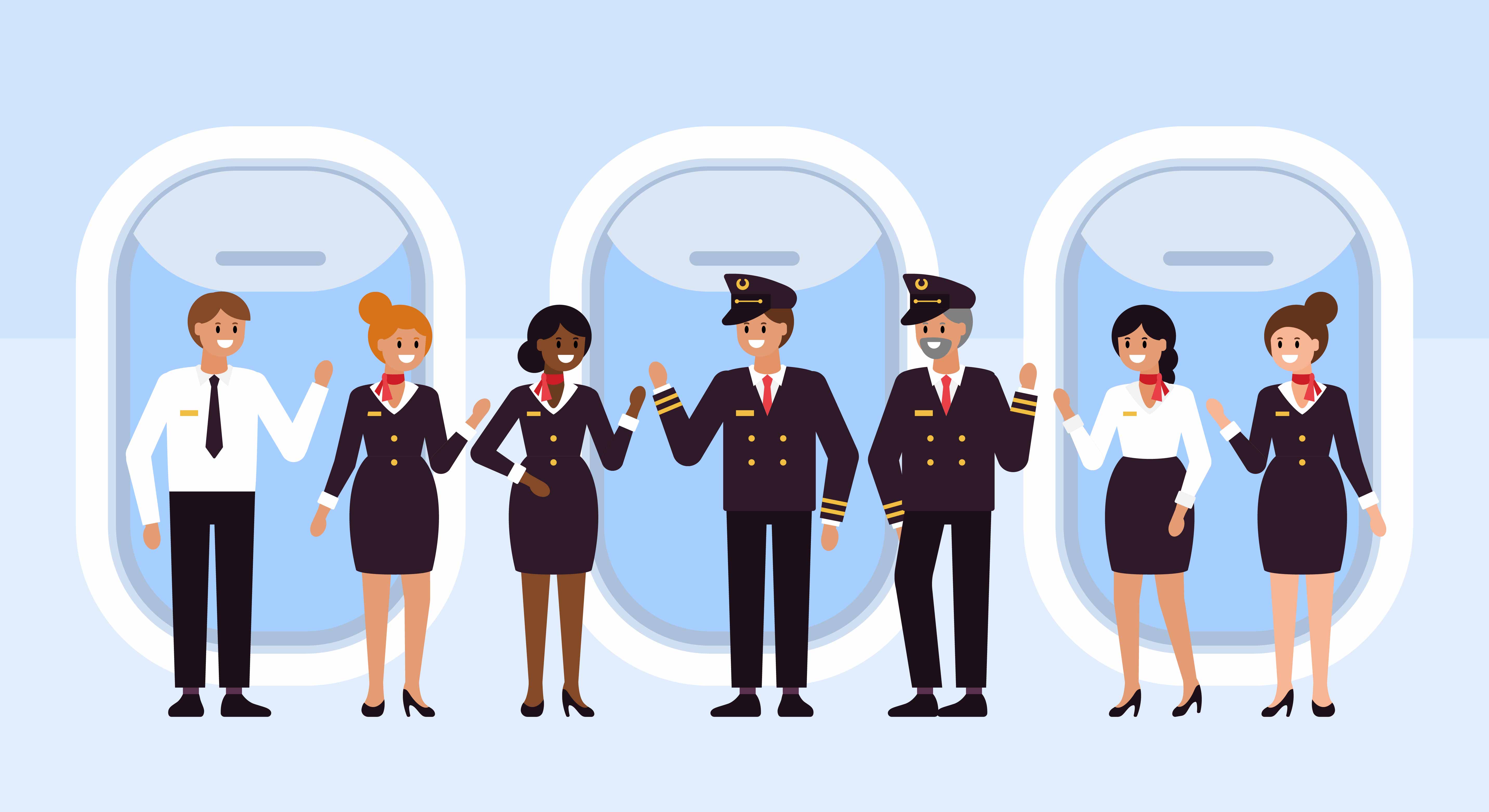 Airplane flight crew character design. Pilot and stewardess flat vector illustration